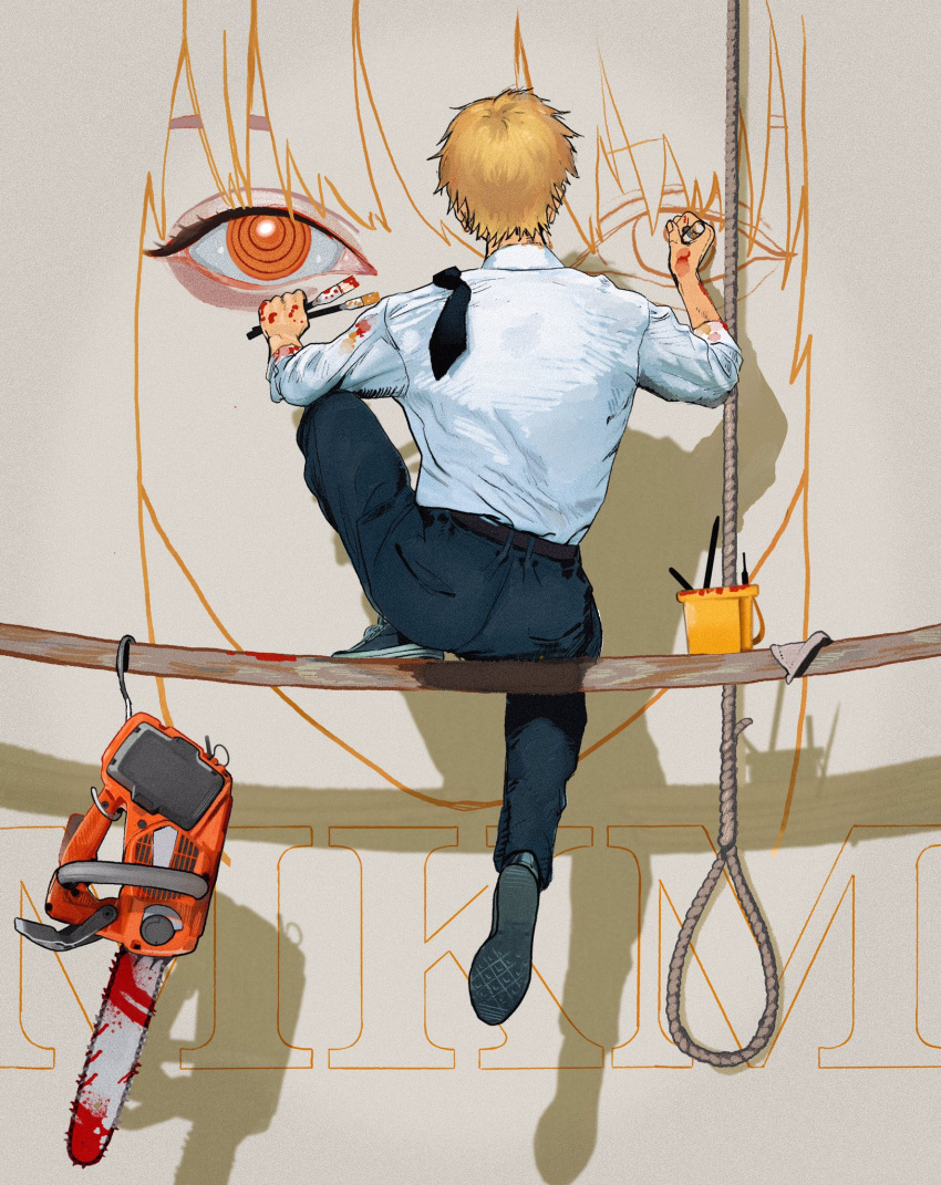 1boy, back, bangs, belt, black_belt, black_footwear, black_neckwear, black_pants, blonde_hair, blood, bloody_weapon, brush, chainsaw, chainsaw_man, collared_shirt, denji_(chainsaw_man), eyelashes, facing_away, from_behind, full_body, highres, holding, holding_paintbrush, knee_up, knot, lineart, looking_at_viewer, makima_(chainsaw_man), mellows_ama, necktie, necktie_over_shoulder, neckwear, one_knee, outline, paint, paint_can, paint_on_clothes, paintbrush, painting, pants, portrait, redhead, ringed_eyes, rope, shirt, shirt_tucked_in, short_hair, sitting, sleeves_folded_up, solo, weapon, white_shirt, yellow_eyes