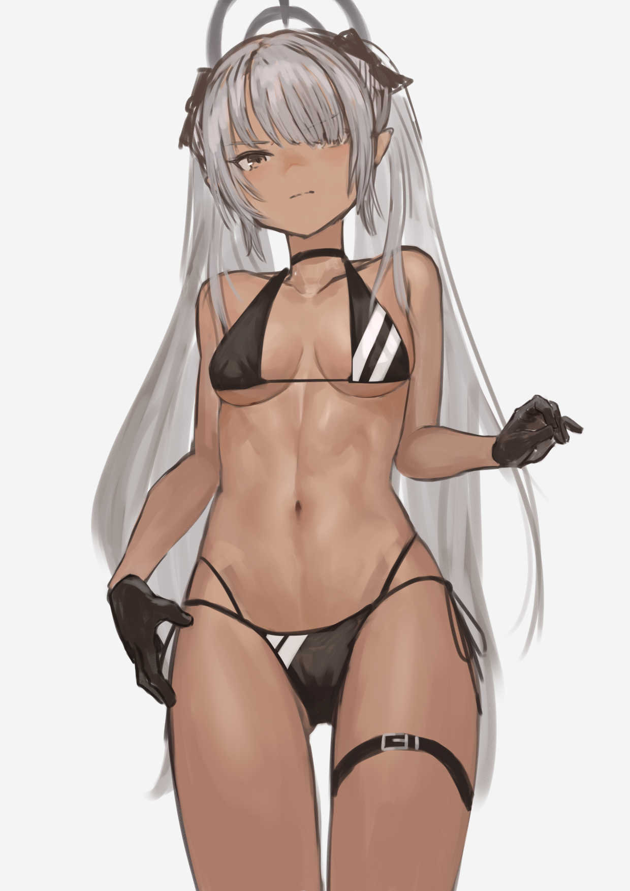 bare_shoulders, bikini, black_bow, black_choker, black_gloves, black_ribbon, blue_archive, bow