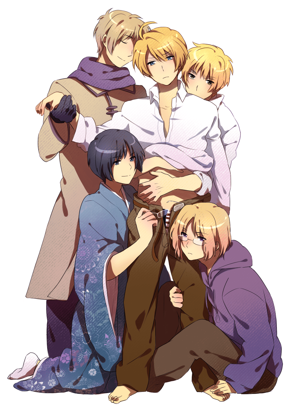 axis_powers_hetalia, bad_id, barefoot, black_hair, blonde_hair, blue_eyes, canada_(hetalia), glasses, hands, hands_on_feet, highres, japan_(hetalia), russia_(hetalia), tomako, tomako_(artist), undressing, united_kingdom_(hetalia), yaoi