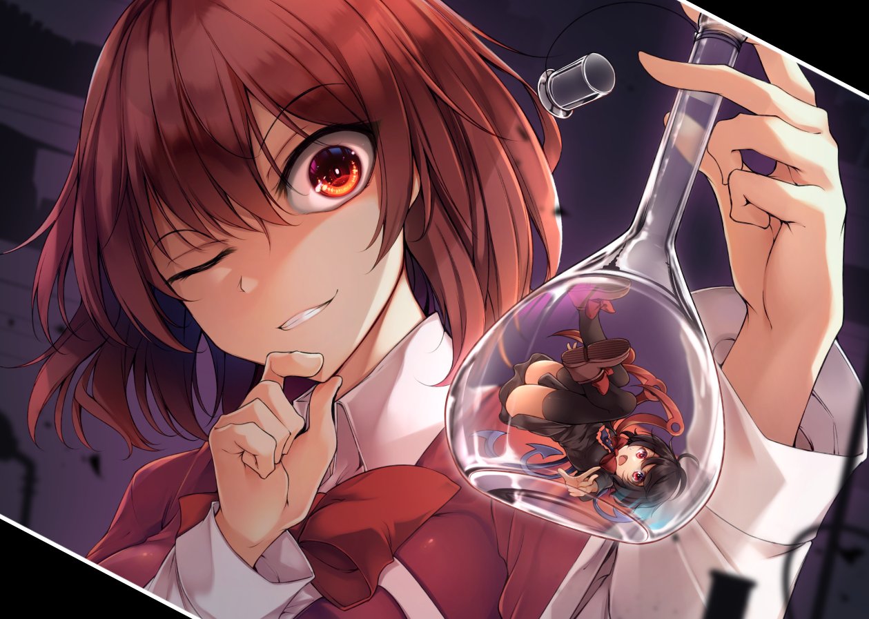 2girls, asymmetrical_wings, bangs, black_dress, black_hair, black_legwear, blue_wings, bow