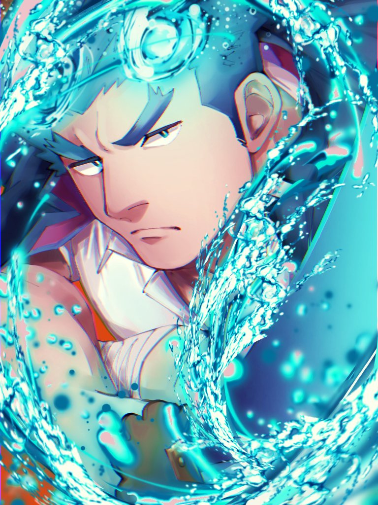 1boy, bandages, blue_fire, collared_shirt, face, fiery_hair, fire, forked_eyebrows, frown, long_sideburns, looking_at_viewer, male_focus, pon20021202, shirt, short_hair, sideburns, solo, toji_(tokyo_houkago_summoners), tokyo_houkago_summoners, upper_body, water, white_shirt