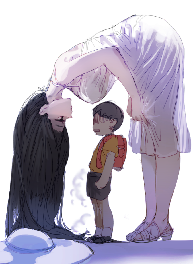 1boy, 1girl, age_difference, backpack, bag, bent_over, black_eyes, black_hair
