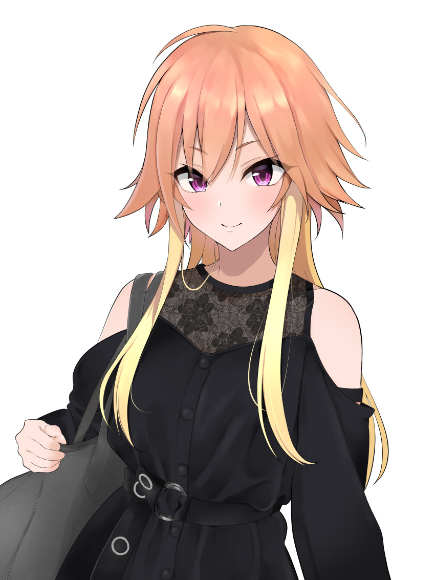 1girl, absurdres, argule0901, bag, bare_shoulders, black_dress, blonde_hair, blush
