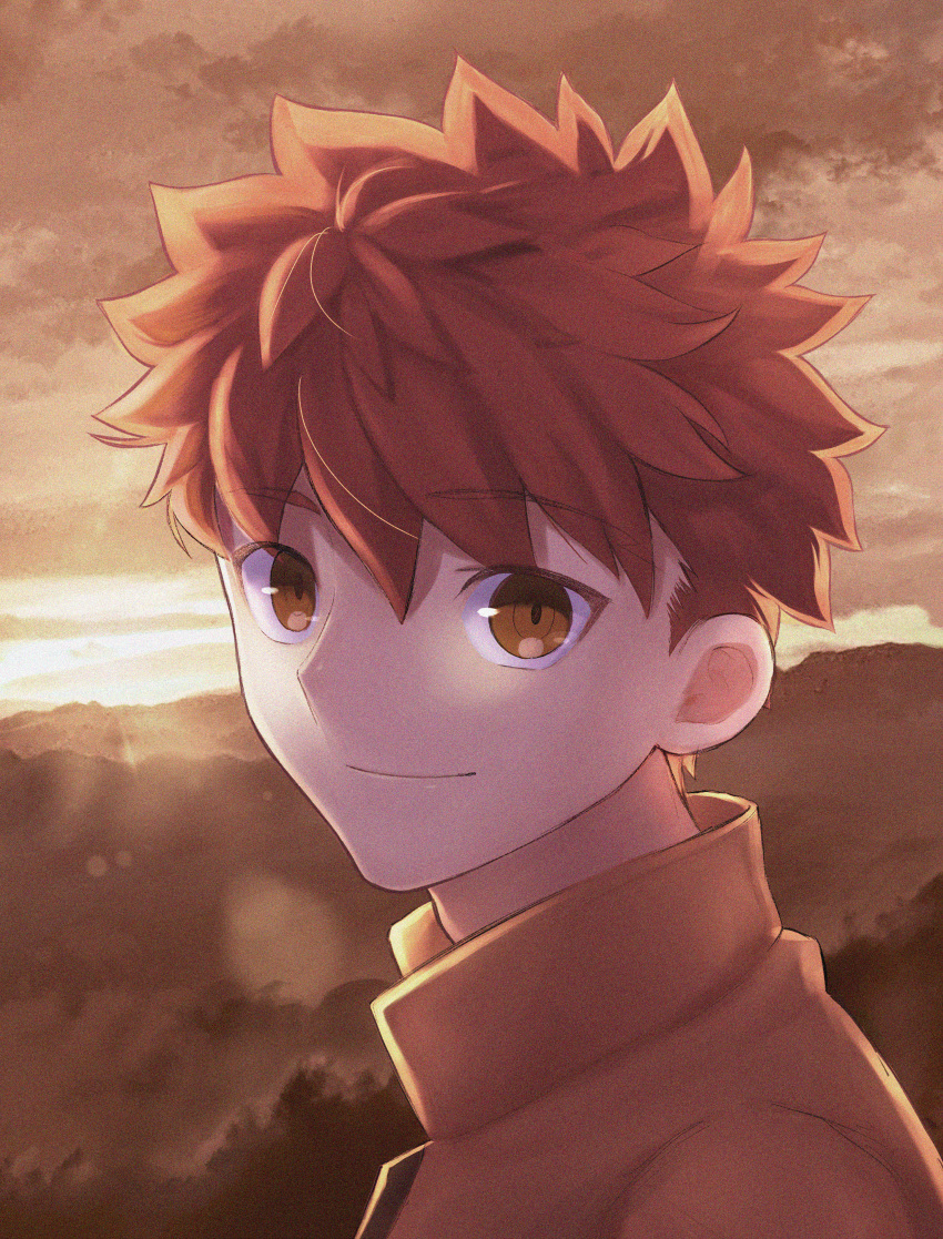 1boy, absurdres, brown_shirt, collared_shirt, emiya_shirou, eyebrows_visible_through_hair, fate/stay_night, fate_(series)