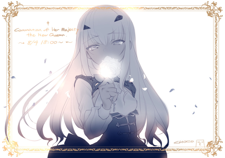 1girl, border, breasts, choco_(chocolate_shop), dress, fairy_knight_lancelot_(fate), fate/grand_order, fate_(series), flower, forked_eyebrows, highres, long_hair, petals, rose, signature, small_breasts, white_background, white_flower, white_rose