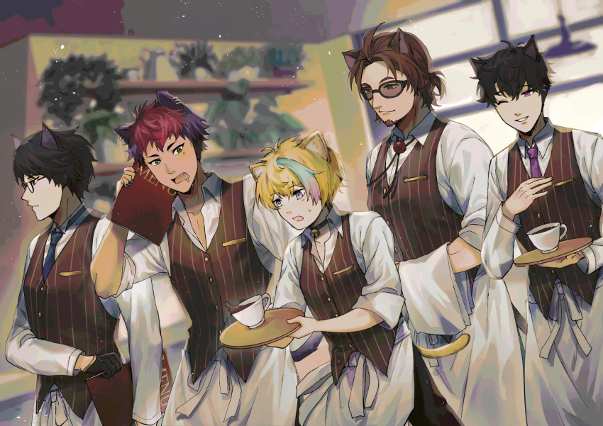 5boys, animal_ears, apron, black_choker, black_hair, black_pants, blonde_hair, blue_neckwear, bonnivier_pranaja, brown_vest, cafe, cat_boy, cat_ears, choker, coffee, collared_shirt, cup, fang, gradient_hair, green_hair, highres, holding, holding_tray, kemonomimi_mode, looking_ahead, male_focus, multicolored_hair, multiple_boys, necktie, nekopara_-_catboys_paradise, nijisanji, nijisanji_id, one_eye_closed, pants, pink_hair, purple_hair, rai_galilei, redhead, reza_avanluna, riksa_dhirendra, shirt, smile, sunglasses, taka_radjiman, tied_hair, tray, uniform, vest, virtual_youtuber, white_shirt, yakksan