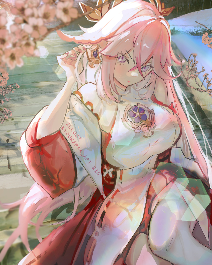 1girl, breasts, cherry_blossoms, earrings, fox_ears, genshin_impact, highres, japanese_clothes
