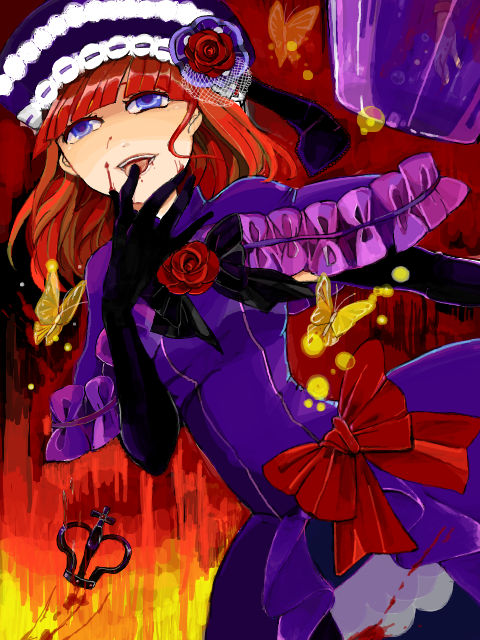 blood, blue_eyes, bow, butterfly, capelet, crown, dress, elbow_gloves
