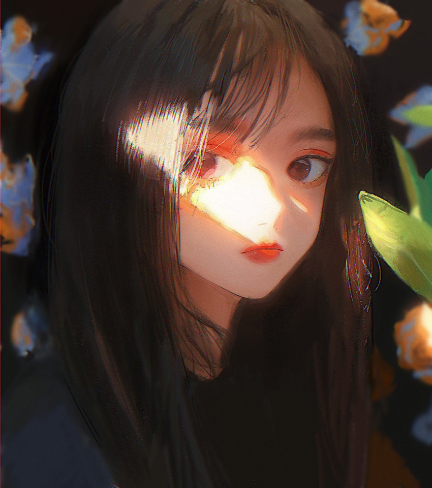 1girl, bangs, black_shirt, brown_hair, expressionless, eyeshadow, highres, leaf