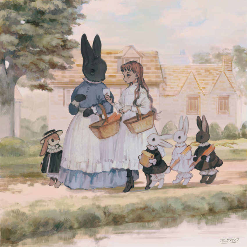 1girl, animal, apron, bag, bangs, basket, black_eyes, black_footwear