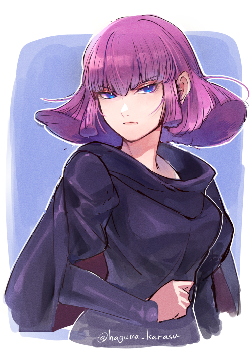 1girl, artist_name, black_cape, blue_eyes, breasts, cape, clenched_hand, eyebrows_visible_through_hair
