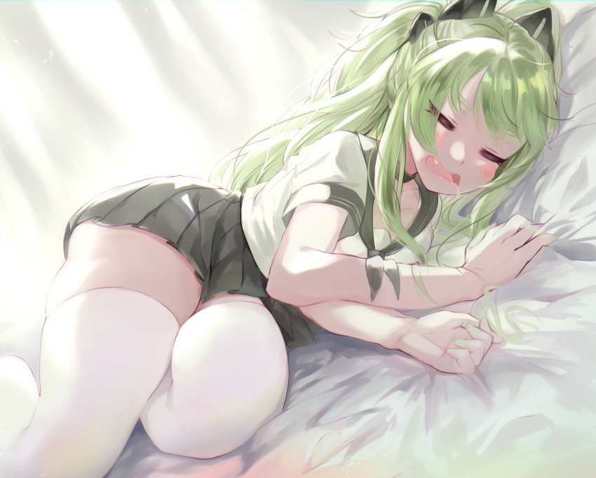1girl, absurdres, alternate_costume, bed_sheet, black_sailor_collar, black_skirt, blush, choker, closed_eyes, commentary_request, drooling, fang, girls_frontline, green_hair, green_nails, headgear, highres, long_hair, lying, m950a_(girls_frontline), mod3_(girls_frontline), nail_polish, on_side, open_mouth, sailor_collar, school_uniform, serafuku, short_sleeves, skindentation, skirt, sleeping, solo, thick_thighs, thigh-highs, thighs, torriet, twintails, white_legwear