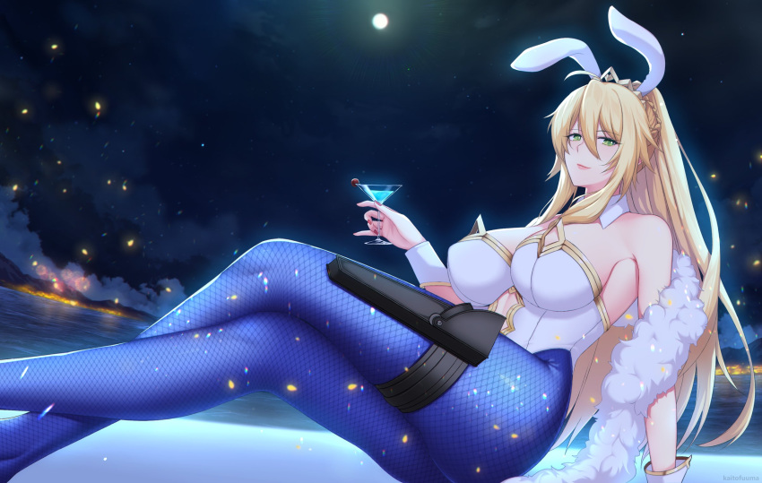 1girl, animal_ears, armpits, artoria_pendragon_(all), artoria_pendragon_(swimsuit_ruler)_(fate), blonde_hair, breasts, cocktail_glass
