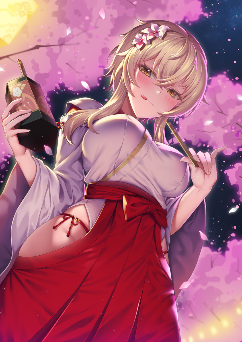 1girl, :p, absurdres, alternate_costume, bangs, blurry, cherry_blossoms, commentary