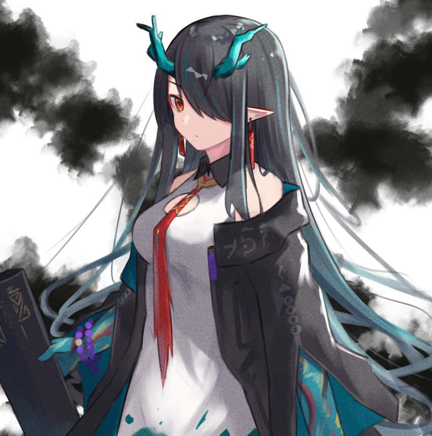 1girl, aqua_hair, arknights, bare_shoulders, bead_bracelet, beads, black_coat, black_hair, bracelet, breasts, closed_mouth, coat, colored_skin, dragon_horns, dress, dusk_(arknights), earrings, expressionless, gradient_hair, green_skin, hair_over_one_eye, highres, holding, holding_sheath, horns, ink, jewelry, ki_xyoro, long_sleeves, looking_at_viewer, medium_breasts, multicolored_hair, necktie, off_shoulder, open_clothes, open_coat, pointy_ears, red_eyes, red_neckwear, sheath, sidelocks, solo, upper_body, white_background, white_dress
