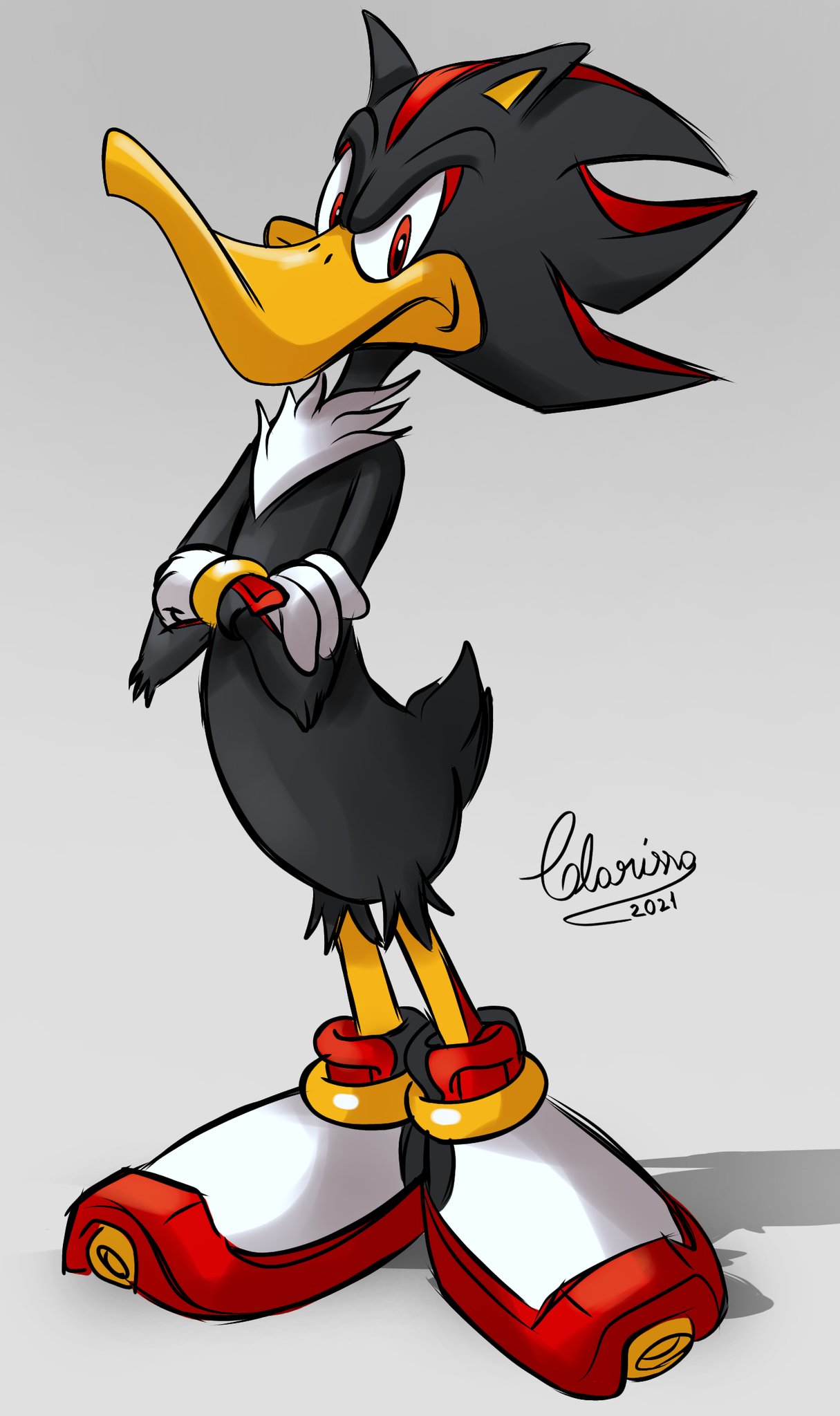 1boy, 2021, clarissa_arts, crossed_arms, daffy_duck, furry, fusion, gloves