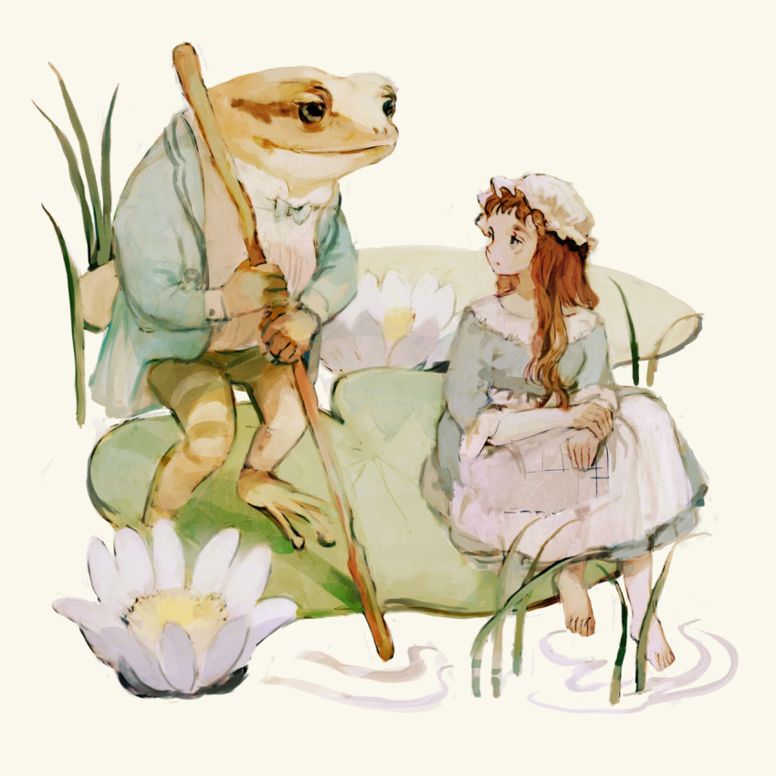 1girl, animal, apron, bangs, barefoot, blue_dress, bow, bowtie, brown_hair, clothed_animal, dress, flower, frog, hands_together, hat, highres, holding, holding_stick, jacket, lily_pad, long_hair, long_sleeves, looking_at_another, lotus, mob_cap, original, shirt, sitting, standing, stick, tono_(rt0no), walking_stick, white_apron, white_shirt