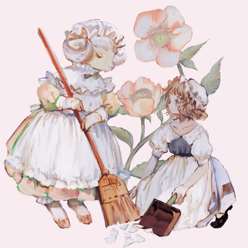 1girl, animal, apron, black_footwear, bow, bowtie, broken_plate, broom