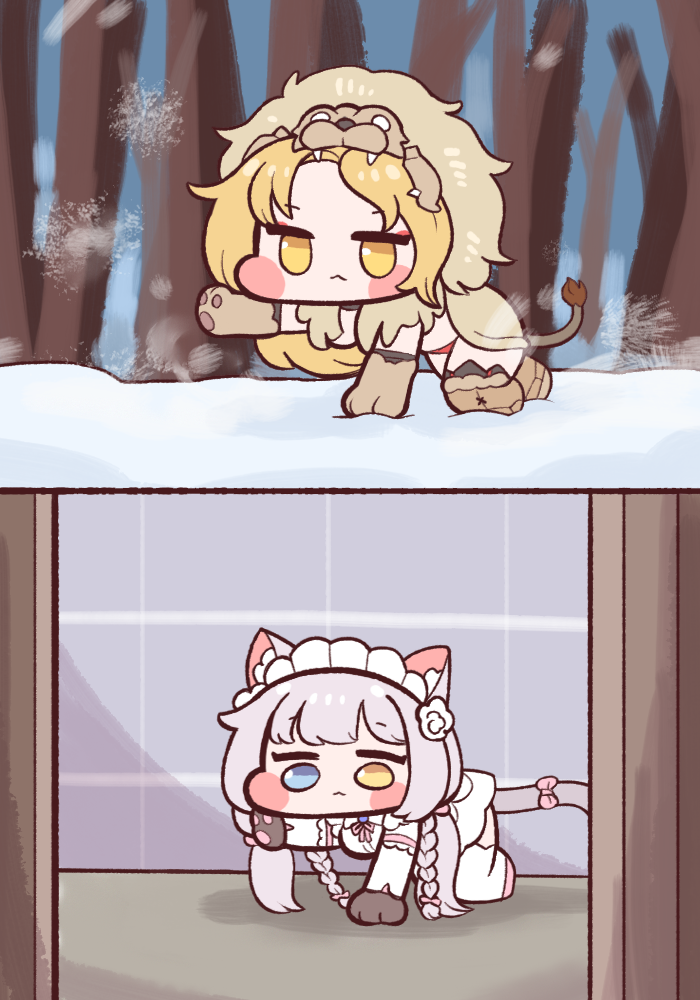 2girls, :<, all_fours, animal_ears, blonde_hair, blue_eyes, blush_stickers, bulga