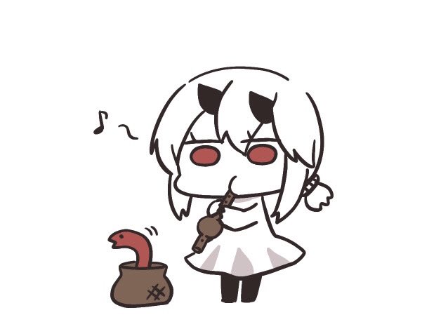 1girl, abyssal_ship, basket, chibi, dress, flute, full_body, horns