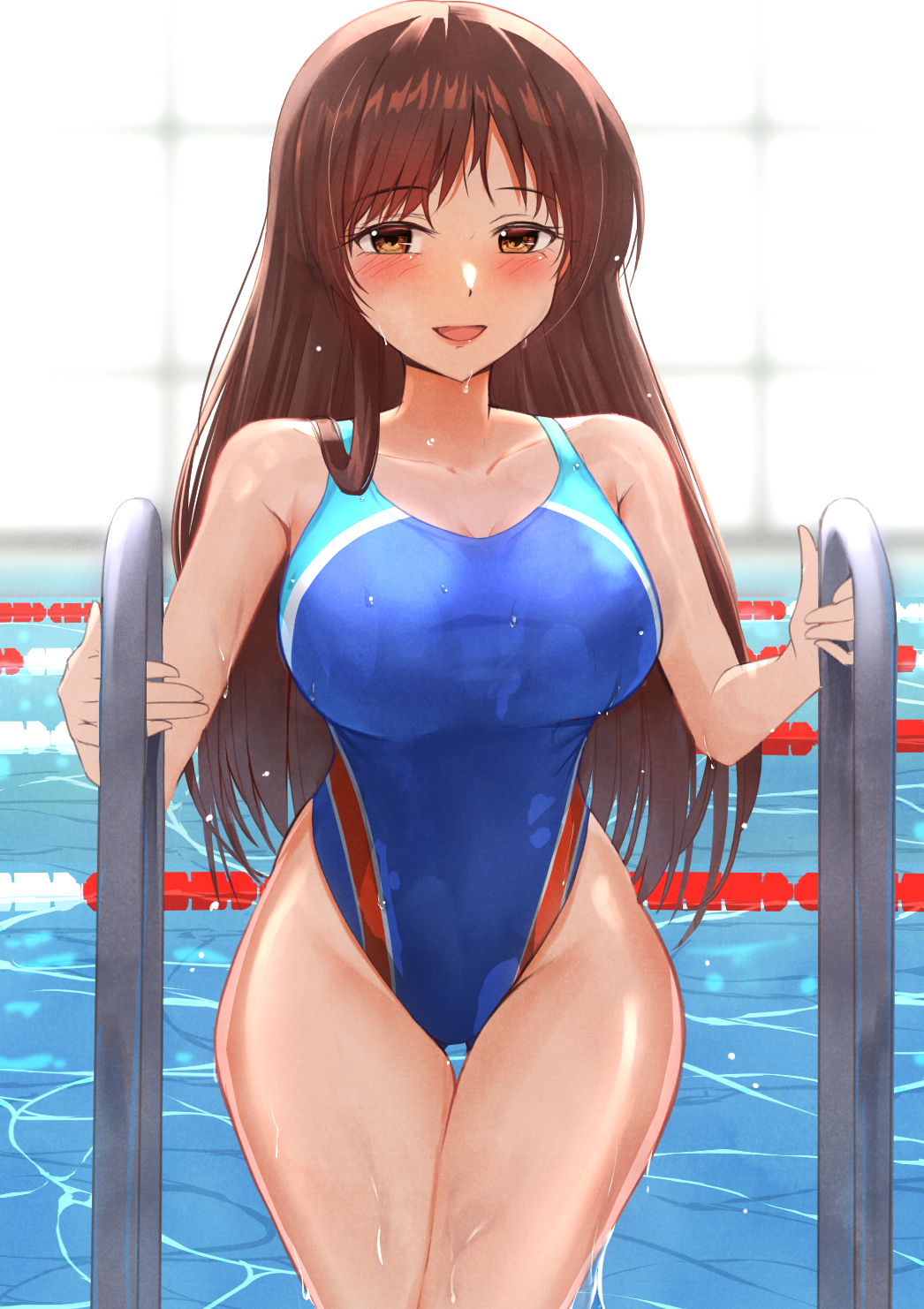 1girl, blue_swimsuit, breasts, brown_eyes, brown_hair, competition_swimsuit, cowboy_shot, groin