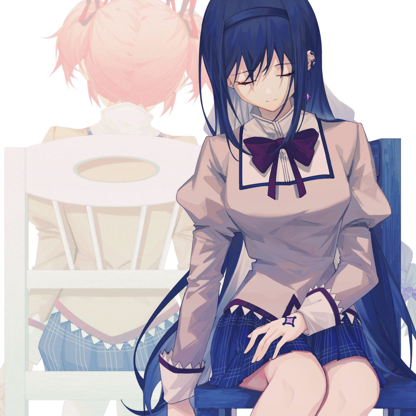 2girls, akemi_homura, arms_at_sides, back, back-to-back, bags_under_eyes, bangs, black_hair, black_hairband, black_skirt, breasts, chair, closed_eyes, closed_mouth, earrings, eyebrows_visible_through_hair, eyes_visible_through_hair, facing_away, facing_viewer, hair_ribbon, hairband, hand_on_own_leg, high_collar, highres, jewelry, juliet_sleeves, kaname_madoka, legs_together, light_smile, long_hair, long_sleeves, mahou_shoujo_madoka_magica, mahou_shoujo_madoka_magica_movie, mitakihara_school_uniform, multiple_girls, muted_color, neck_ribbon, no_nonet, on_chair, pink_hair, plaid, plaid_skirt, pleated_skirt, puffy_sleeves, red_ribbon, ribbon, school_uniform, simple_background, single_earring, sitting, skirt, small_breasts, solo_focus, soul_gem, twintails, white_background
