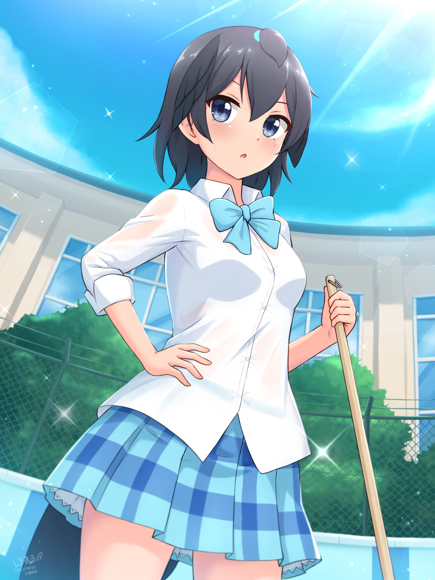 1girl, absurdres, alternate_costume, bird_girl, bird_wings, black_hair, blue_eyes, blue_neckwear