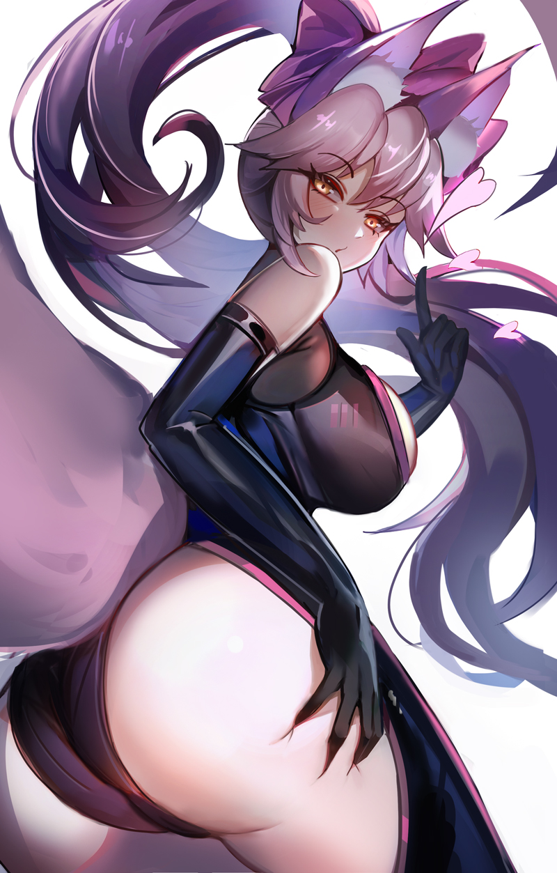 1girl, animal_ear_fluff, animal_ears, ass, black_bodysuit, blush, bodysuit, choker, eyebrows_visible_through_hair, fate/grand_order, fate_(series), female_ass, fox_ears, fox_girl, fox_tail, heart, highres, koyanskaya_(fate), kuroha_(rockluo213), long_hair, looking_at_viewer, looking_back, no_panties, pink_hair, ribbon_choker, side_ponytail, simple_background, solo, tail, tamamo_(fate)_(all), very_long_hair, white_background, yellow_eyes