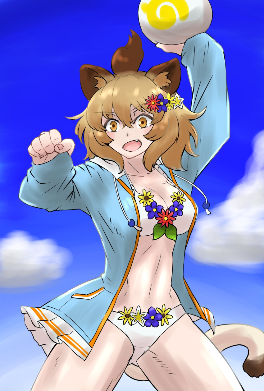 1girl, animal_ears, ball, bikini, blonde_hair, blue_hoodie, collarbone, commentary_request