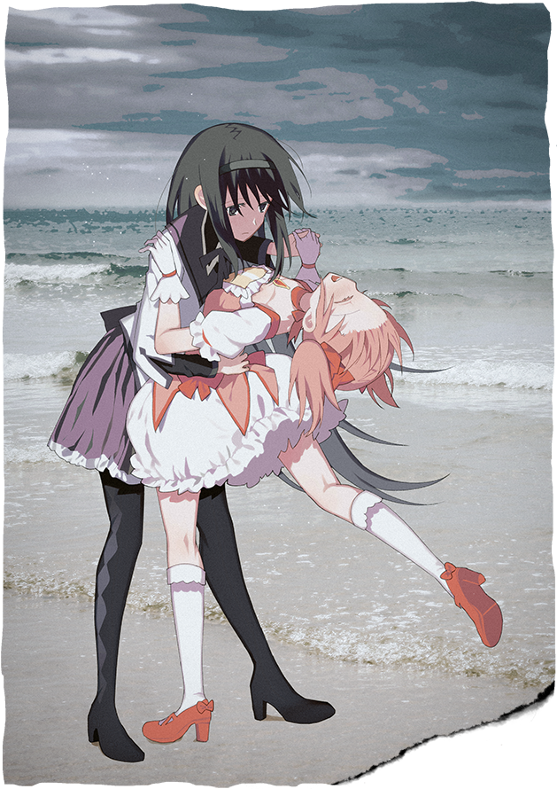 2girls, akemi_homura, argyle, argyle_legwear, arm_around_waist, beach, bent_over, black_eyes