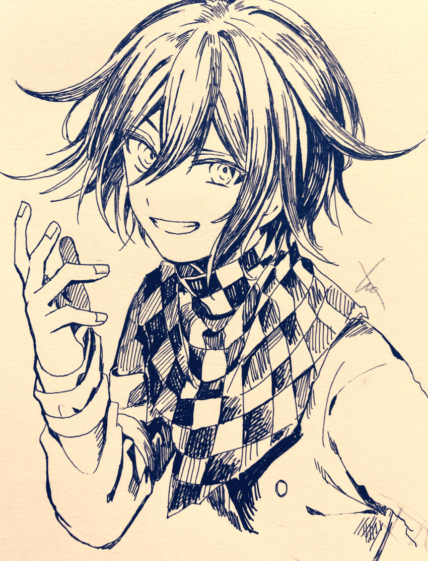 1boy, bangs, buttons, checkered, checkered_neckwear, checkered_scarf, commentary_request, cropped_torso