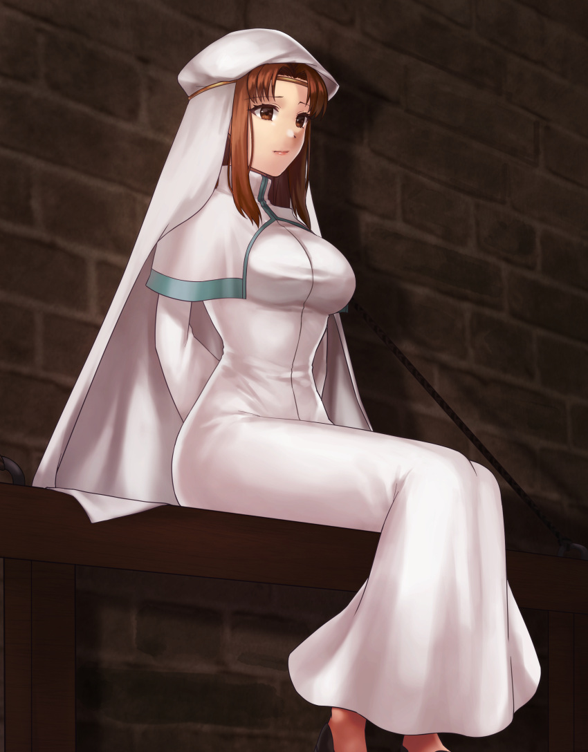 1girl, absurdres, arms_behind_back, breasts, brick_wall, brown_hair, commission, dress, elen_(fire_emblem), fire_emblem, fire_emblem:_the_binding_blade, habit, hazuki_(nyorosuke), highres, large_breasts, long_dress, long_sleeves, medium_hair, nun, restrained, sitting, skeb_commission, solo, turtleneck_dress, white_dress