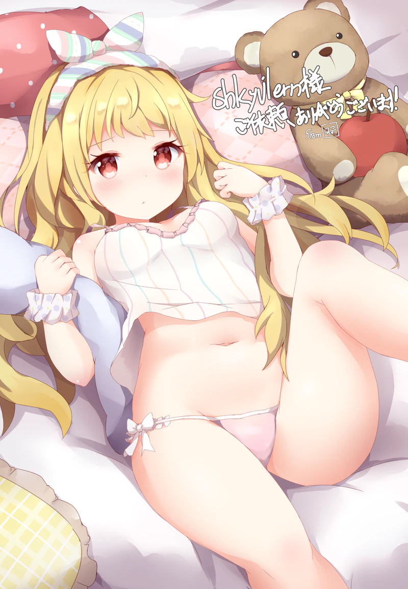 1girl, :<, azur_lane, bed, blonde_hair, breasts, camisole, commission