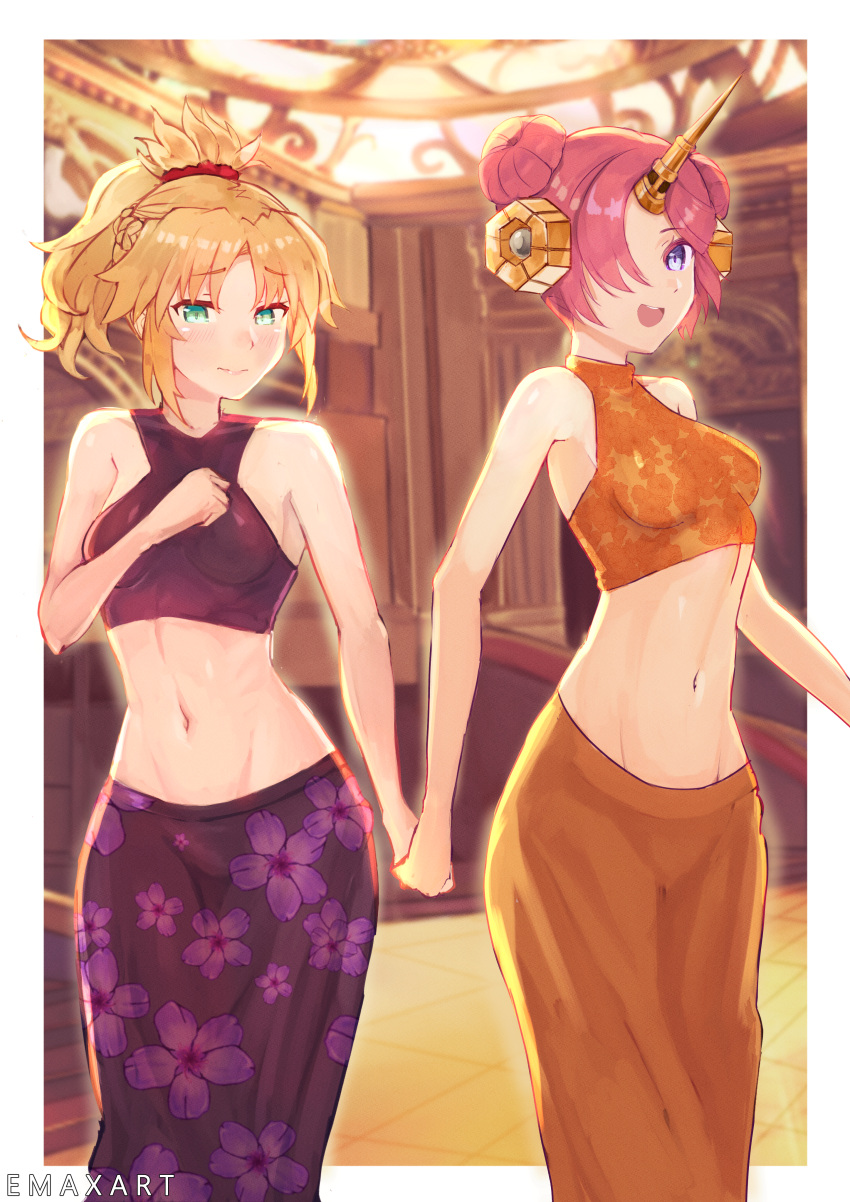 2girls, absurdres, bare_shoulders, blonde_hair, blue_eyes, blush, breasts, closed_mouth, dress, emaxart, eyebrows, eyebrows_visible_through_hair, fate/apocrypha, fate/grand_order, fate_(series), floral_print, frankenstein's_monster, frankenstein's_monster_(fate), gold_horns, green_eyes, hair, hair_ornament, hair_over_one_eye, hair_scrunchie, headgear, highres, holding_hands, horns, huge_filesize, midriff, mordred_(fate), mordred_(fate)_(all), multiple_girls, open_eyes, open_mouth, party, pink_hair, short_hair, single_horn, small_breasts