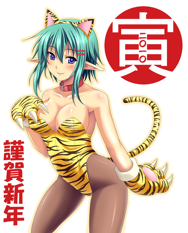 animal_ears, blue_eyes, collar, fang, green_hair, hair_ornament, hairclip, kittysuit