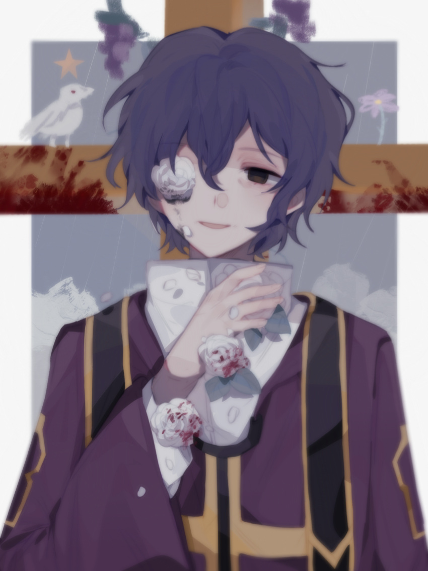 1boy, bird, blood, blood_stain, blue_hair, cross, eyebrows_visible_through_hair, flower