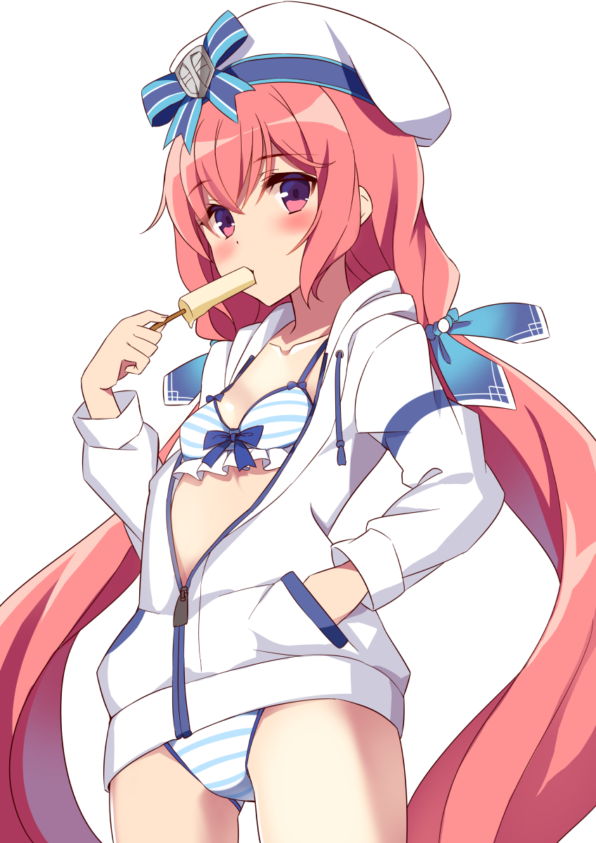 1girl, acapulco_(mist_train_girls), beret, bikini, breasts, collarbone, cowboy_shot, eating, food, hair_ribbon, hand_in_pocket, hat, highres, jacket, long_hair, long_sleeves, looking_at_viewer, low_twintails, mist_train_girls, open_clothes, open_jacket, partially_unzipped, pink_eyes, pink_hair, popsicle, ribbon, simple_background, small_breasts, solo, string_bikini, striped, striped_bikini, swimsuit, twintails, very_long_hair, white_background, white_bikini, white_headwear, white_jacket, yuuki_yuu