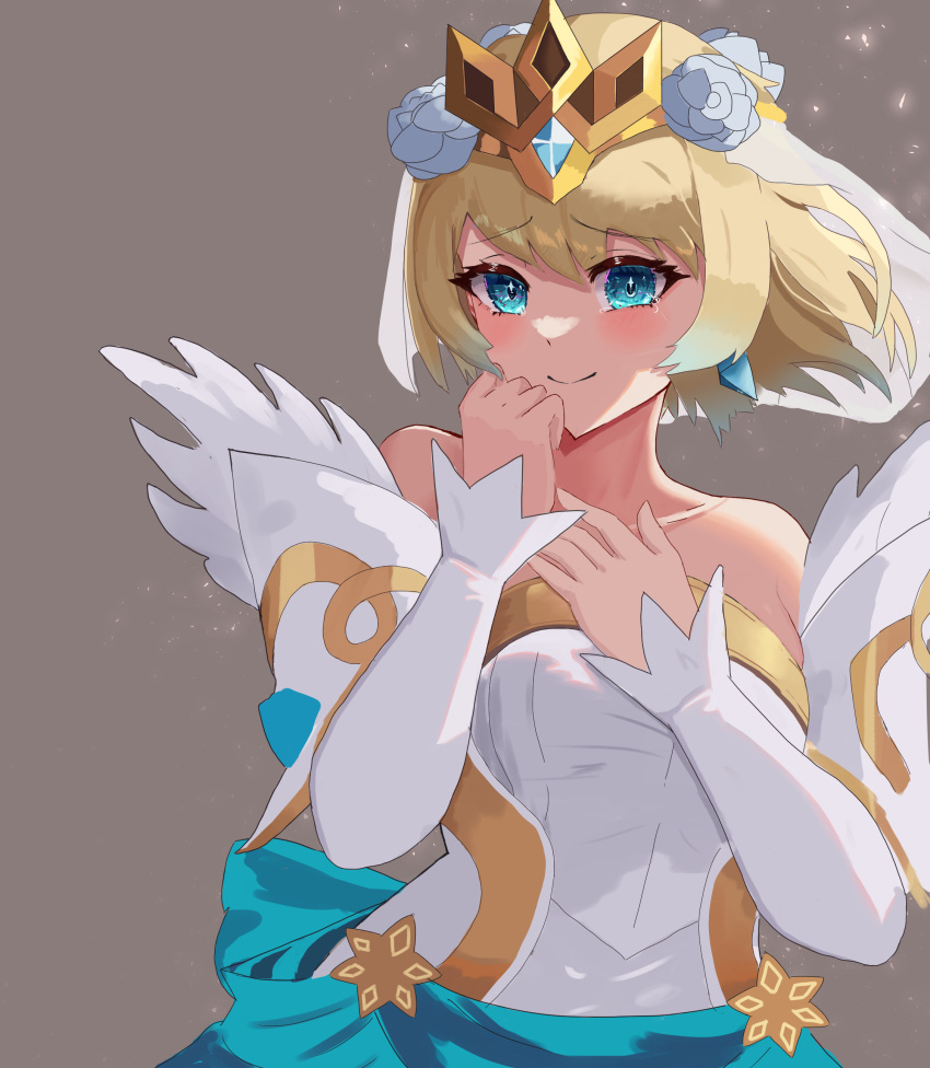 1girl, absurdres, alternate_costume, artist_request, bangs, bare_shoulders, blonde_hair, blue_eyes, blush, breasts, bridal_veil, bride, bride_(fire_emblem), closed_mouth, collarbone, commentary, crying, crying_with_eyes_open, detached_sleeves, dress, earrings, english_commentary, eyebrows_visible_through_hair, feather_trim, fire_emblem, fire_emblem_heroes, fjorm_(fire_emblem), flower, hair_between_eyes, hair_flower, hair_ornament, hand_on_own_chest, highres, jewelry, looking_at_viewer, official_alternate_costume, rose, short_hair, simple_background, smile, solo, tearing_up, tears, tiara, veil, wedding_dress, white_dress, white_flower, white_sleeves