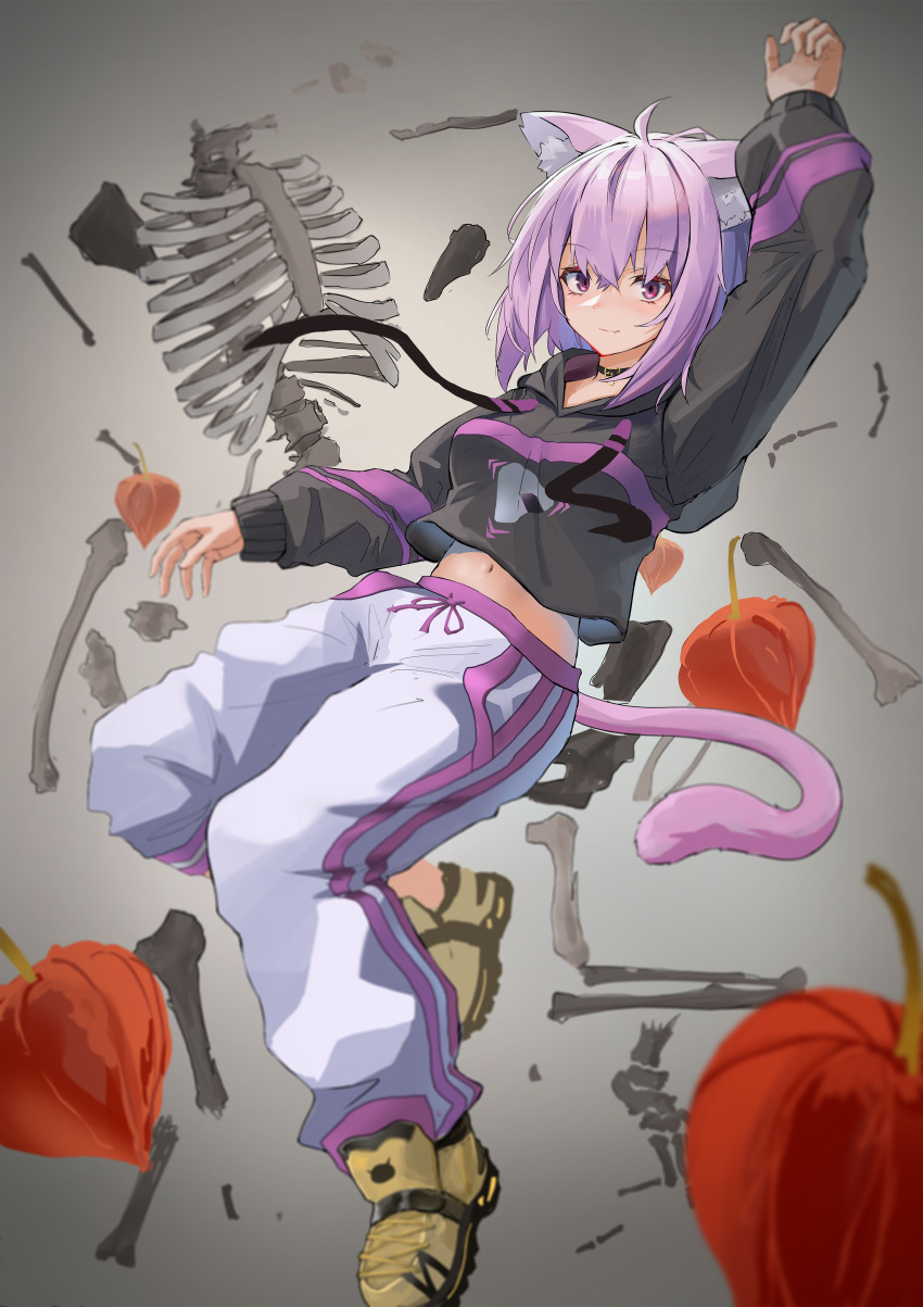 1girl, absurdres, ahoge, animal_collar, animal_ear_fluff, animal_ears, baggy_pants, bangs