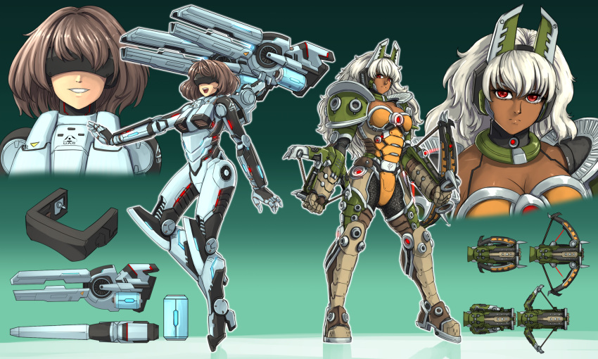 2girls, armor, breasts, brown_hair, covered_eyes, dark-skinned_female, dark_skin, doom_(2016)