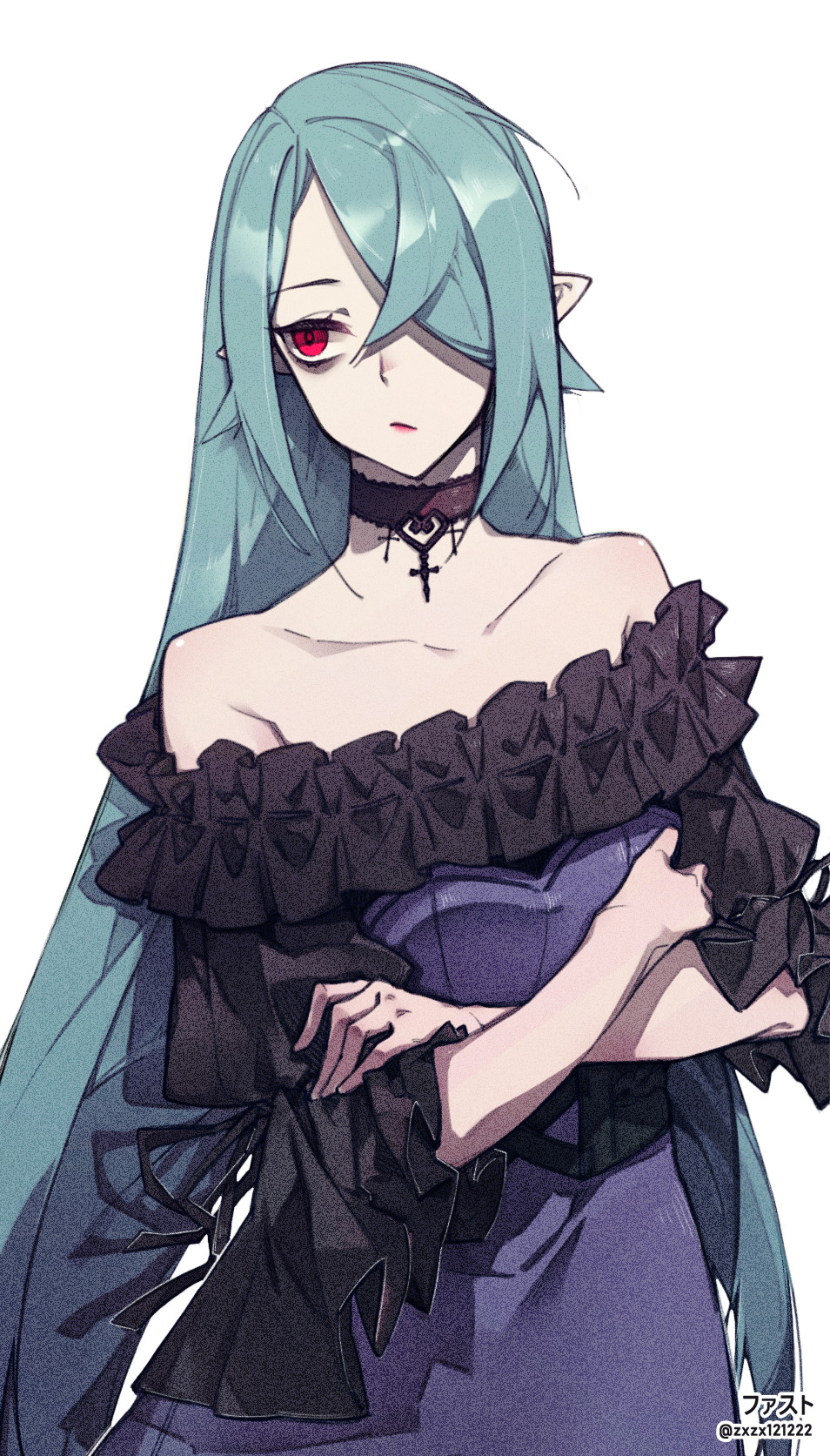 1girl, :/, bangs, bare_shoulders, black_choker, black_dress, blue_hair, character_name, choker, closed_mouth, collarbone, commentary_request, crossed_arms, daliyang, dress, first-chan_(loalo), hair_over_one_eye, highres, long_hair, off-shoulder_dress, off_shoulder, one_eye_covered, original, pointy_ears, purple_dress, red_eyes, simple_background, solo, upper_body, very_long_hair, white_background