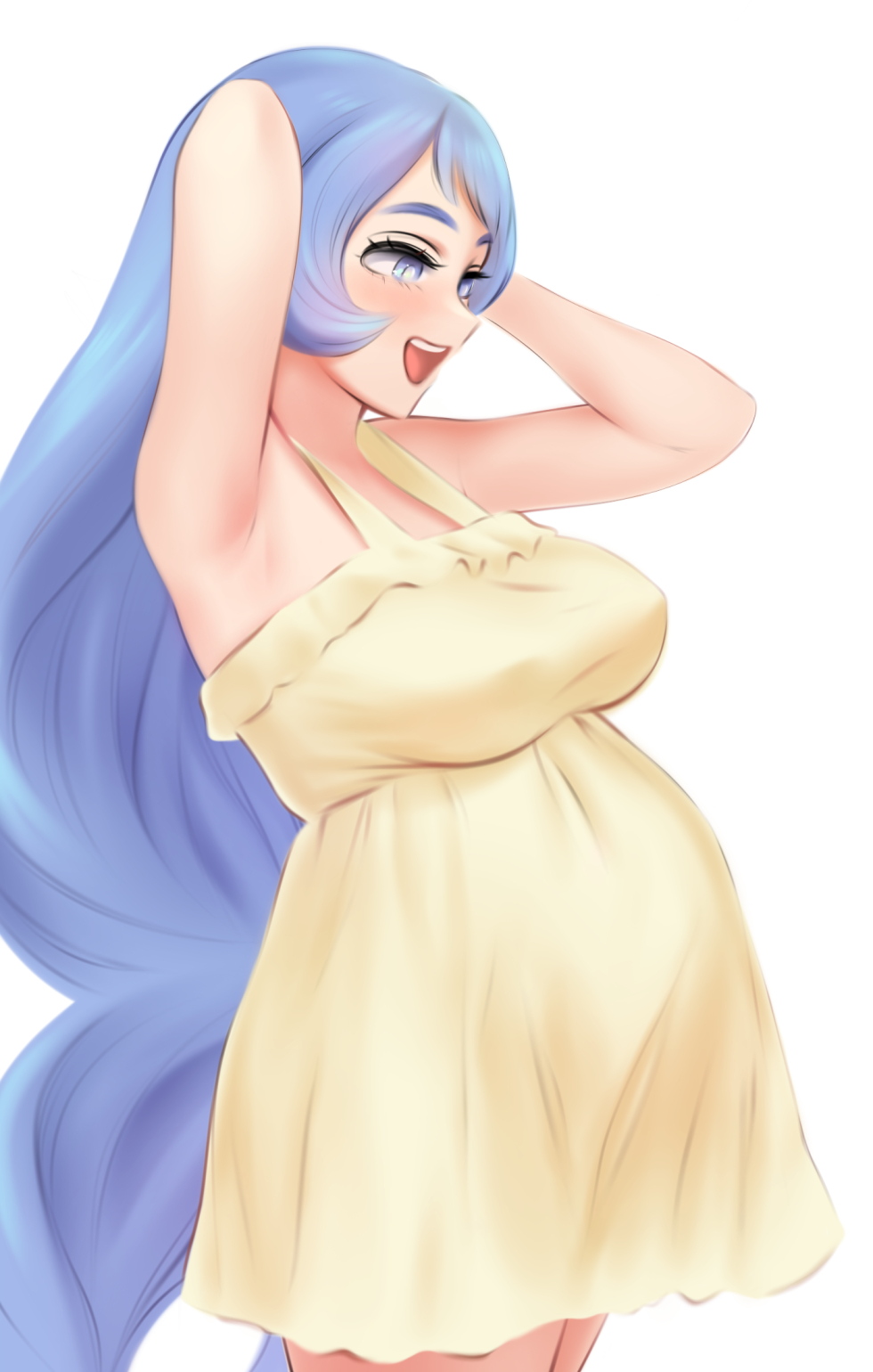 1girl, arms_up, blue_eyes, blue_hair, boku_no_hero_academia, breasts, dress, hadou_nejire