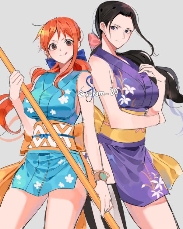 2girls, arm_tattoo, asymmetrical_hair, bangs, black_hair, blue_bow, blue_eyes, blue_kimono, bow, breasts, clima-tact, closed_mouth, commentary, cowboy_shot, english_commentary, floral_print, forehead, grey_background, hair_bow, hand_on_own_chest, holding, holding_weapon, japanese_clothes, joman, kimono, large_breasts, licking_lips, light_smile, log_pose, long_hair, looking_at_viewer, multiple_girls, nami_(one_piece), nico_robin, obi, official_alternate_costume, one_piece, orange_eyes, orange_hair, parted_bangs, pink_bow, ponytail, purple_kimono, sash, short_kimono, side-by-side, sidelocks, simple_background, sleeveless, sleeveless_kimono, smile, tattoo, thighs, tongue, tongue_out, twitter_username, weapon