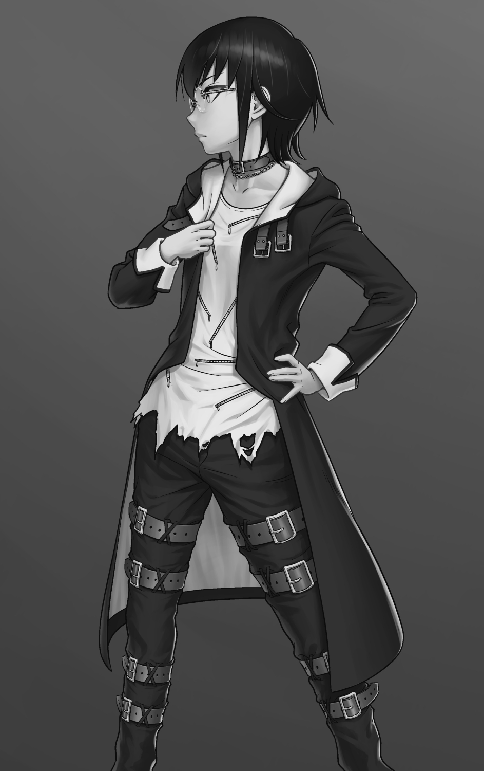 1girl, alternate_costume, animal_collar, bangs, belt, casual, chain_necklace, closed_mouth, coat, collar, commentary_request, english_commentary, expressionless, flat_chest, glasses, greyscale, hand_on_hip, highres, hood, hood_down, hooded_coat, ichikawa_masahiro, jewelry, komiyama_kotomi, leg_belt, long_sleeves, looking_to_the_side, mixed-language_commentary, monochrome, multiple_belts, necklace, open_clothes, open_coat, pants, profile, shirt, short_hair, solo, standing, thigh_strap, too_many_belts, torn_clothes, torn_shirt, untucked_shirt, watashi_ga_motenai_no_wa_dou_kangaetemo_omaera_ga_warui!, zipper