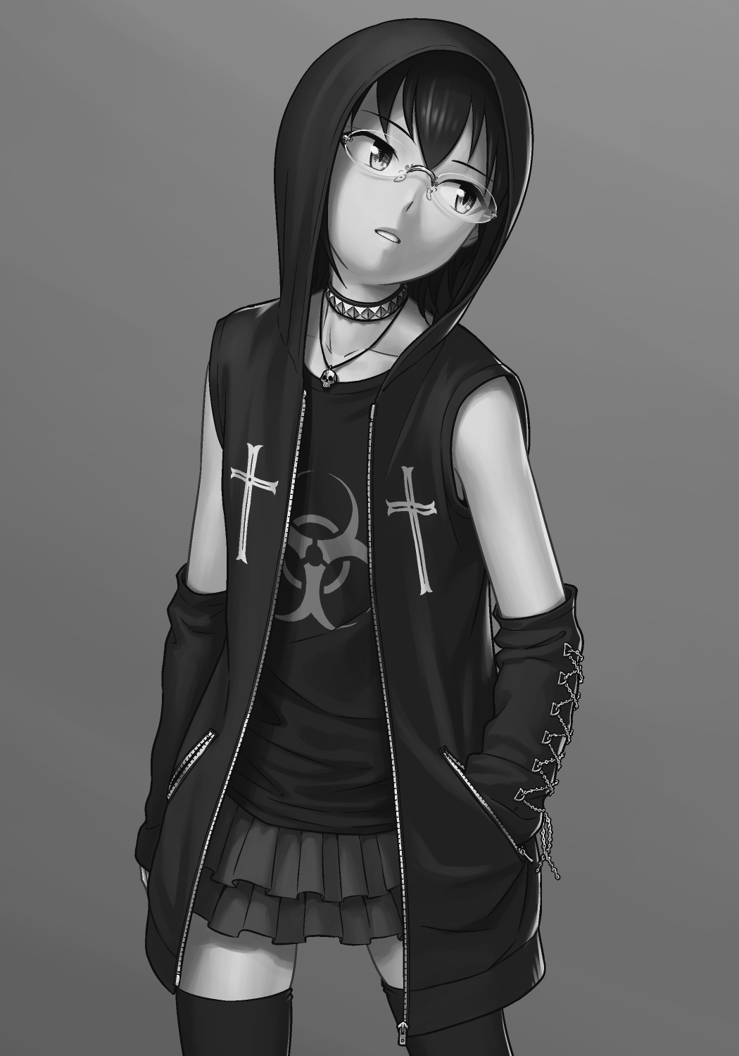 1girl, alternate_costume, bangs, biohazard_symbol, casual, choker, collarbone, commentary_request