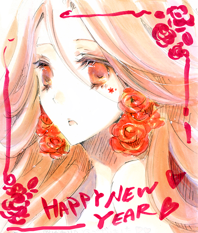 bad_id, blonde_hair, earrings, english, face, flower, jewelry, kana_(pixiv65259), kana_(sekiyou), long_hair, marker_(medium), new_year, open_mouth, orange_eyes, red_eyes, sketch, solo, traditional_media