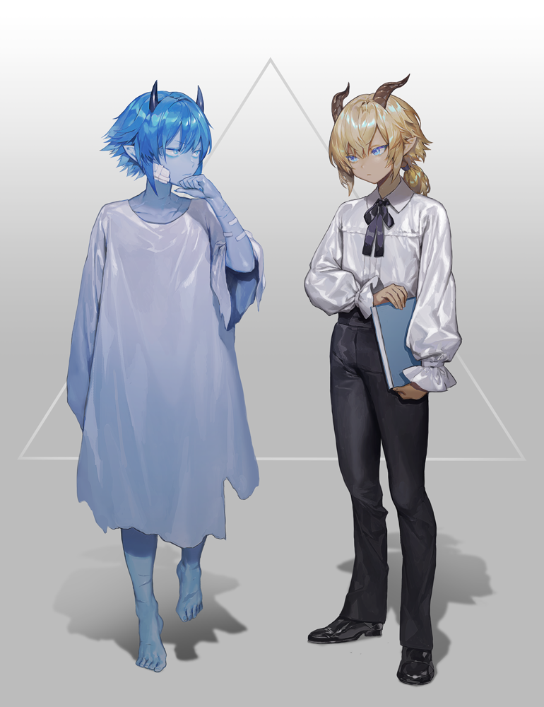 2girls, bandages, bandaid, bandaid_on_arm, black_footwear, black_horns, black_neckwear, black_pants
