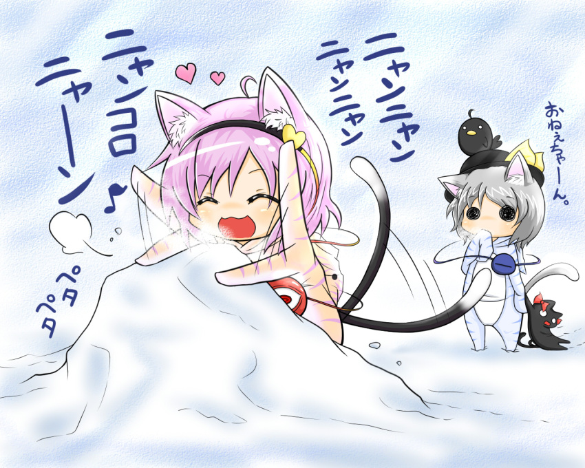 2girls, :3, ahoge, animal_costume, animal_ears, cat_ears, cat_tail, chibi