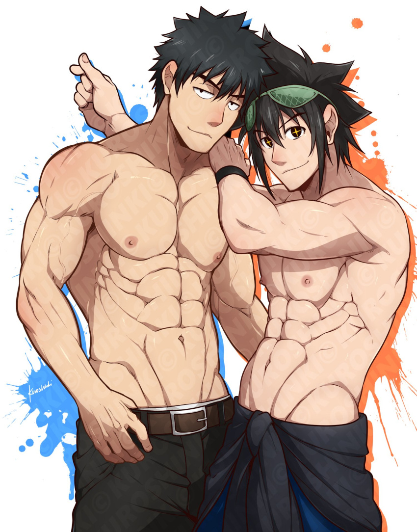 2boys, abs, belt, black_eyes, black_hair, black_pants, blue_pants, closed_mouth, han_deawi, highres, jin_mori, kuroshinki, large_pectorals, looking_at_viewer, male_focus, mask, mask_on_head, multiple_boys, muscular, muscular_male, navel, nipples, pants, pectorals, shirtless, short_hair, sleep_mask, smile, the_god_of_high_school, yellow_eyes