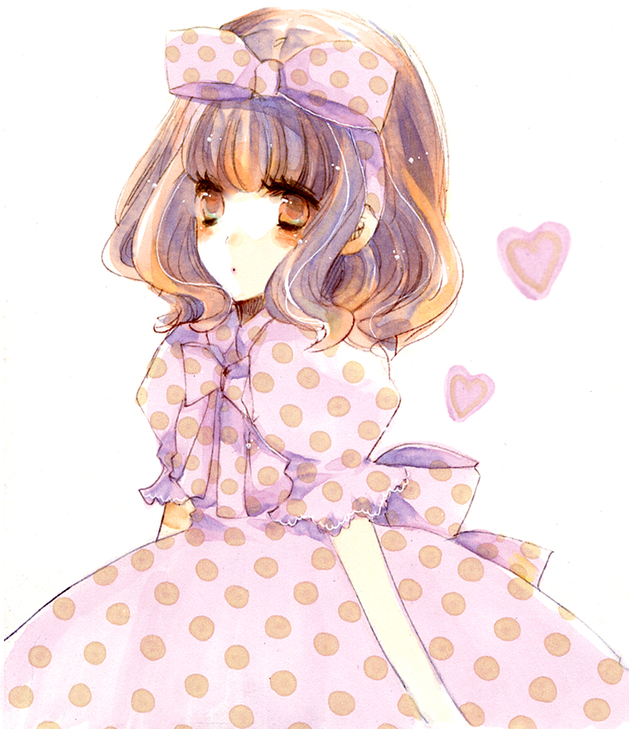 brown_hair, dress, heart, kana_(pixiv65259), kana_(sekiyou), original, polka_dot, ribbon